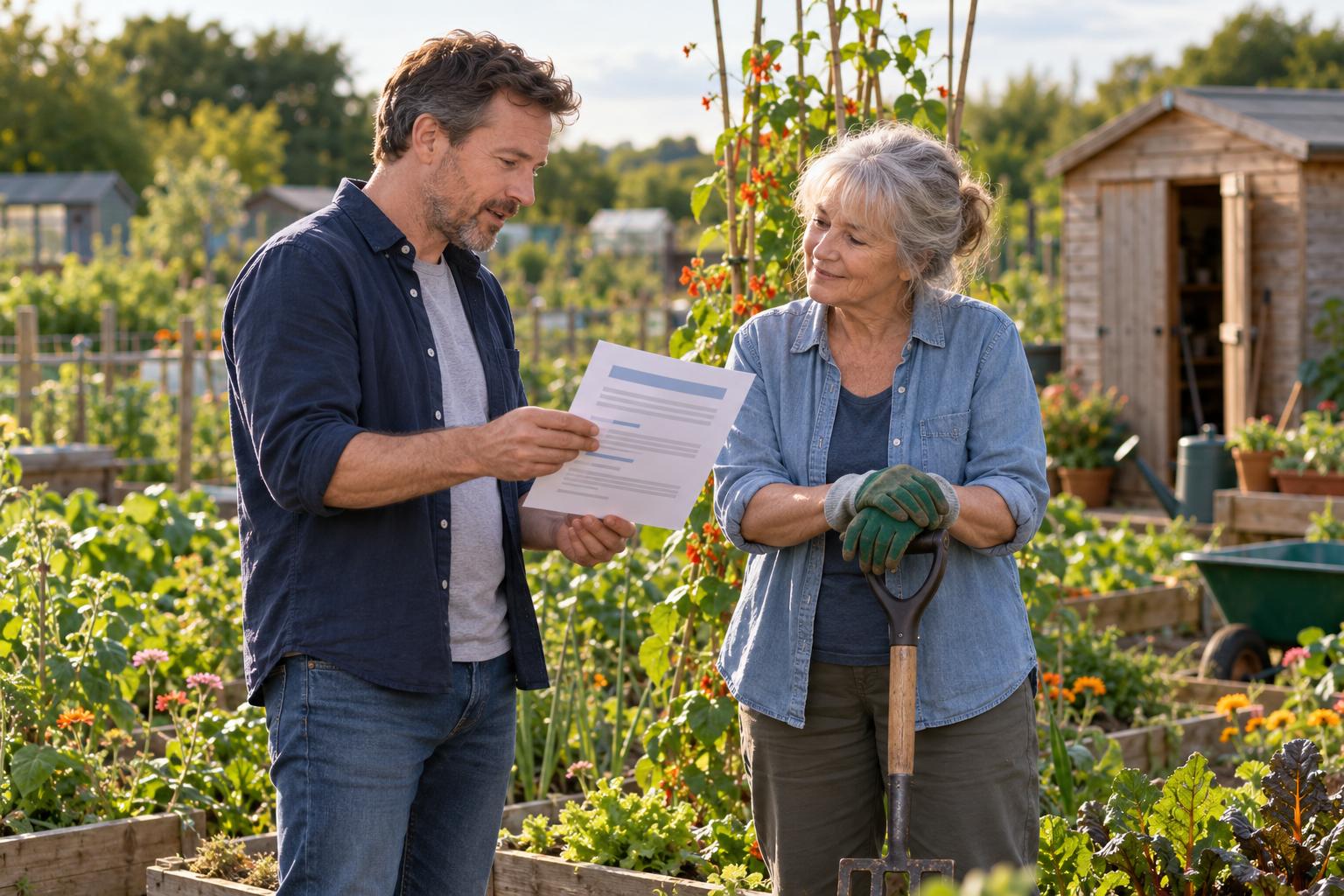 Man at an allotment telling his former manager, one of his referees, about the job he is sending his CV for