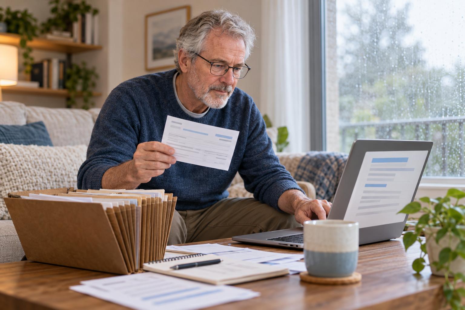 Man checking an old pay stub from a file of paperwork as he creates his resume on a laptop