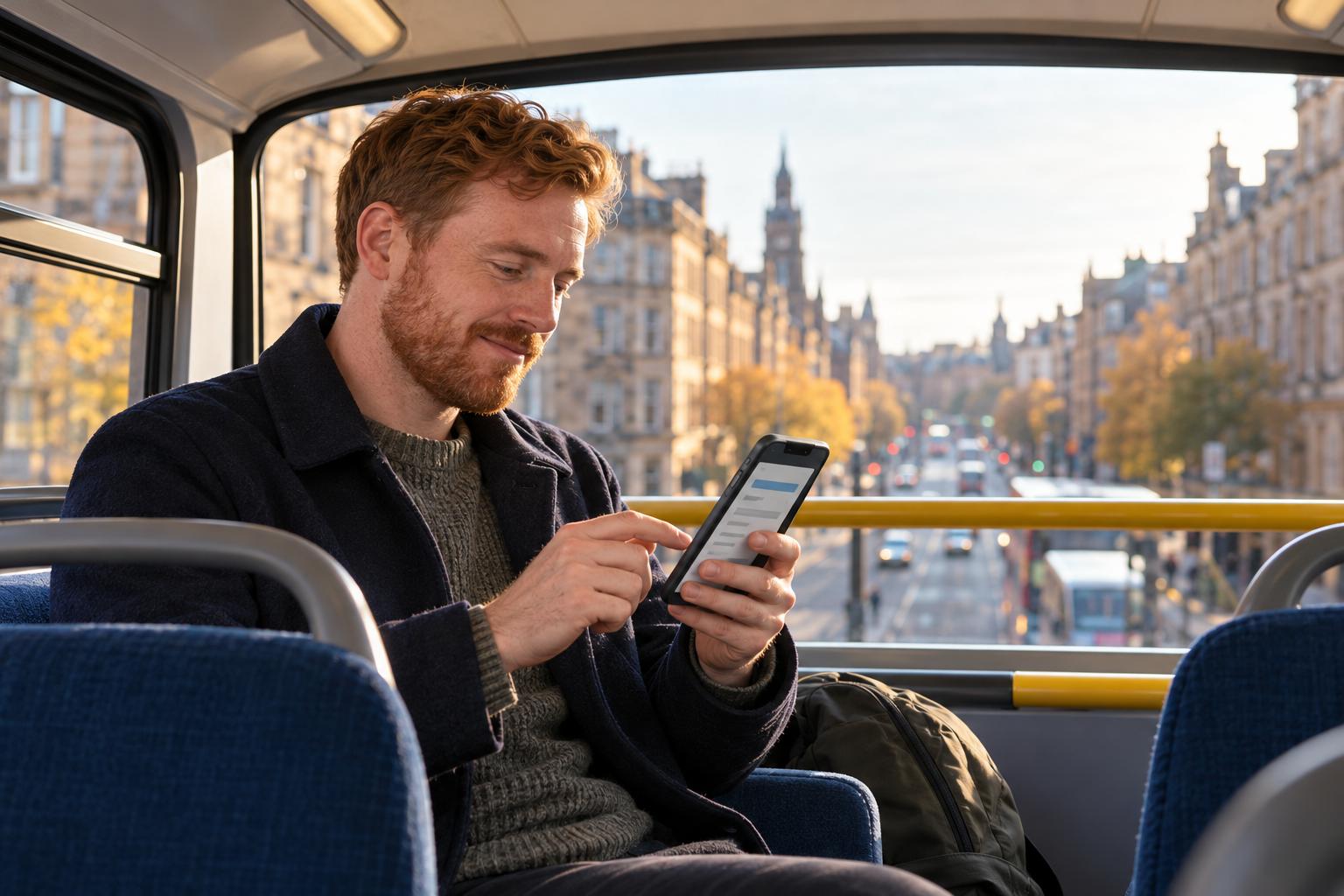 Man checking his CV on his phone on the top deck of a bus before sending an application