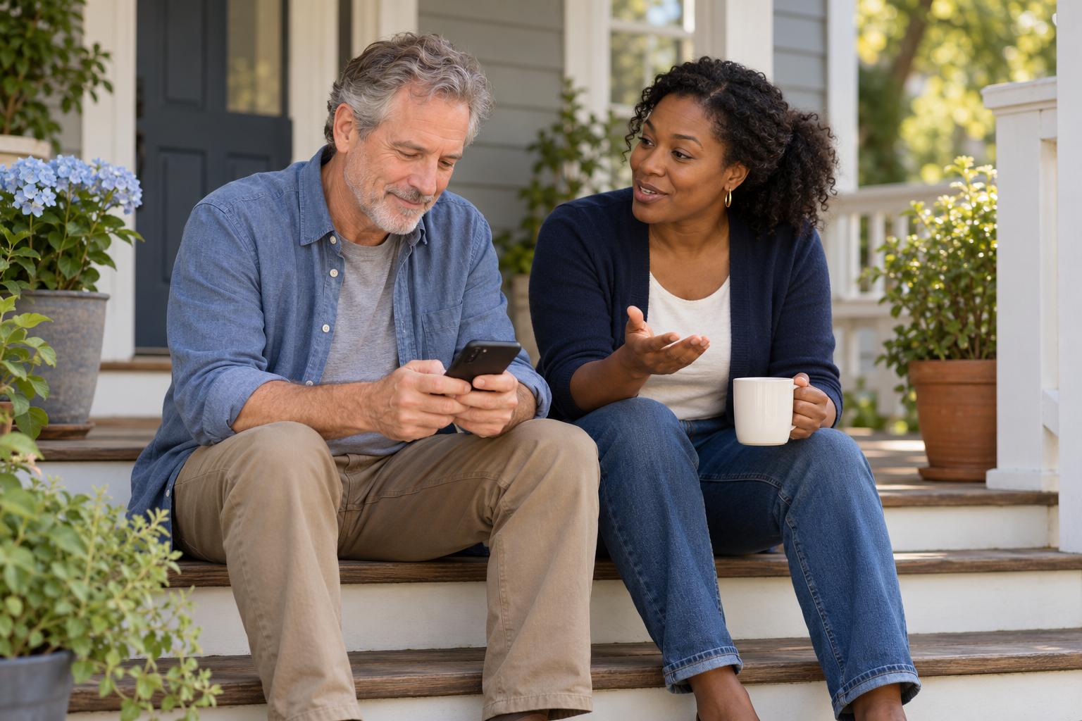 Man typing notes for his resume on his phone as a former coworker talks with him on his porch steps