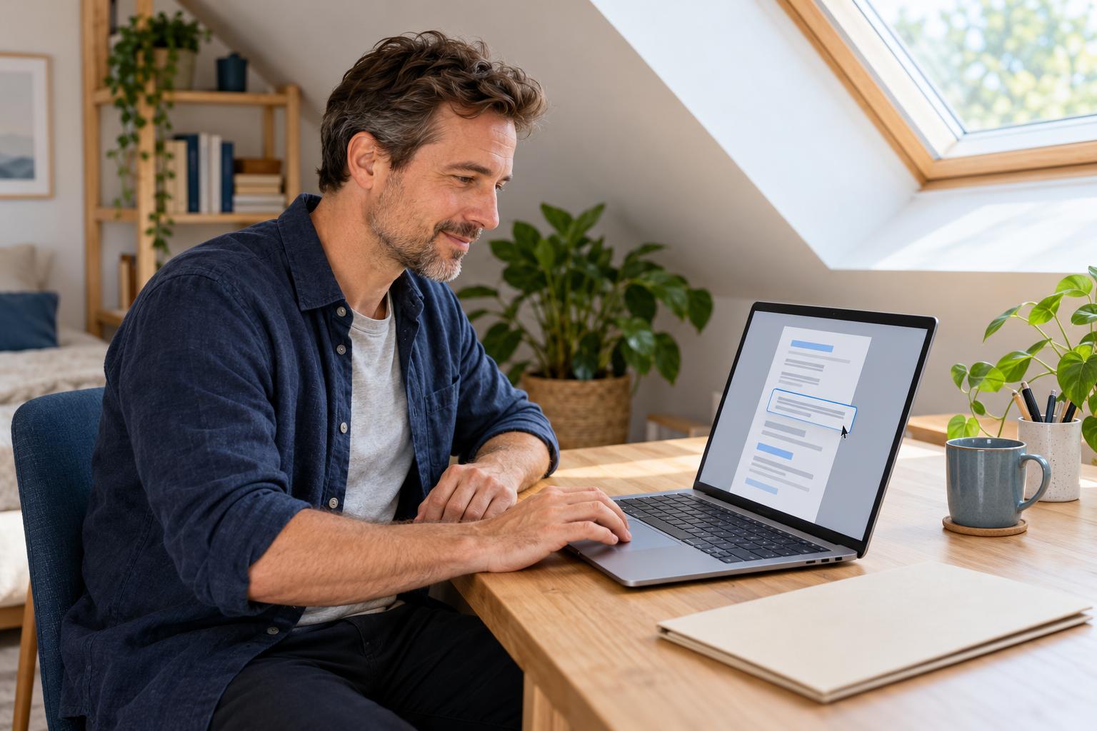Man working on his resume at a laptop under the skylight of a sunlit attic room