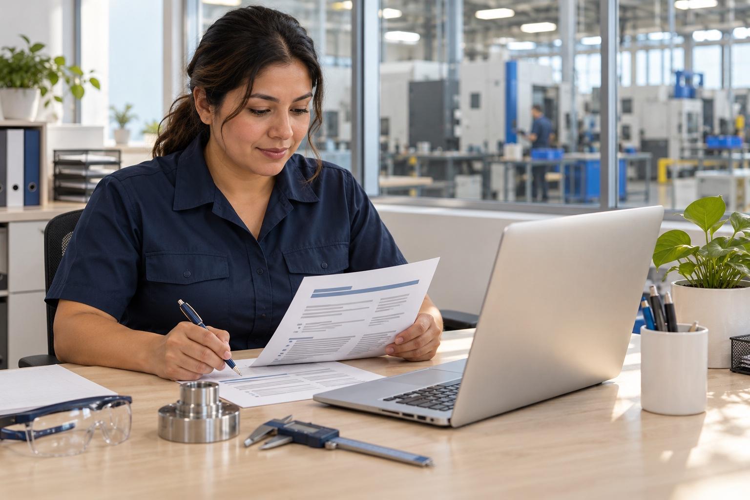 Manufacturing quality technician preparing a printed resume at a laptop in a bright quality-control office