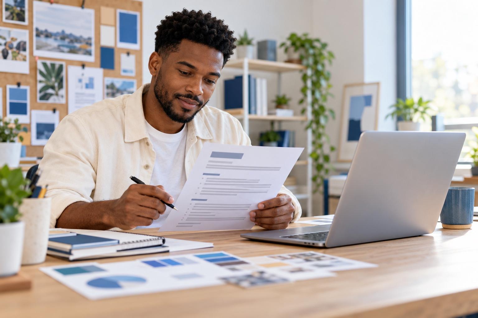Marketing specialist preparing a printed resume at a laptop in a bright relaxed marketing studio