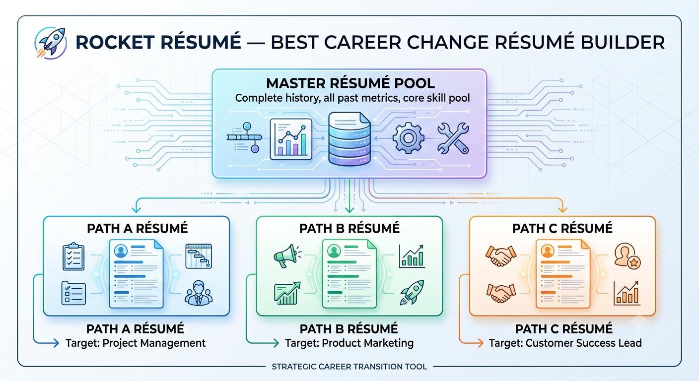 Diagram of a master resume pool branching into three targeted career path resumes
