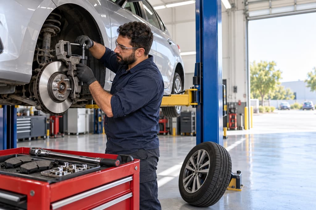 Mechanic replacing front brake pads on a car raised on a lift in a repair shop