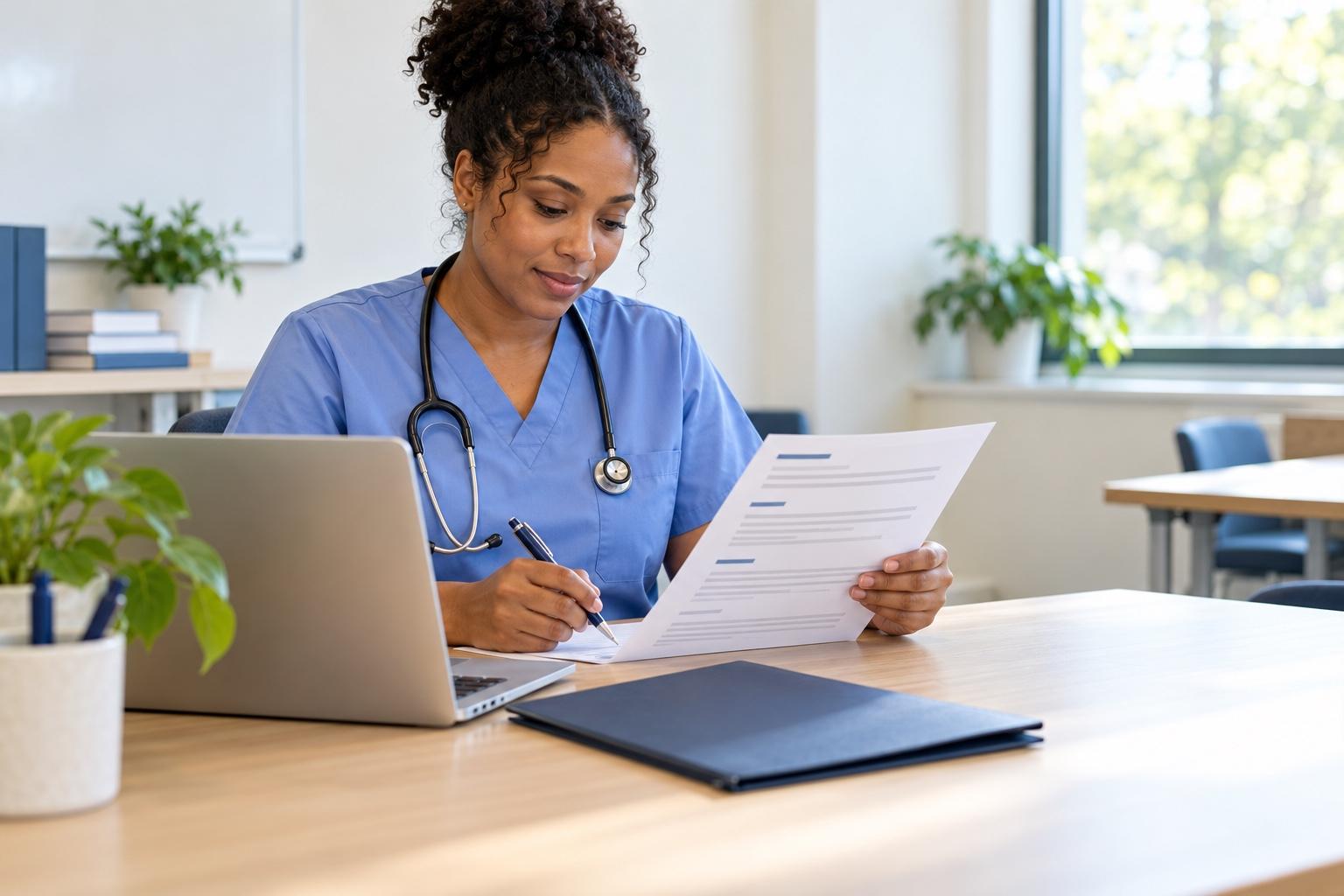 Medical assistant preparing a printed resume at a laptop in a bright staff education room