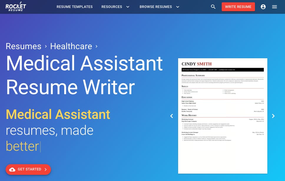 Rocket Resume medical assistant resume writer page with a sample resume
