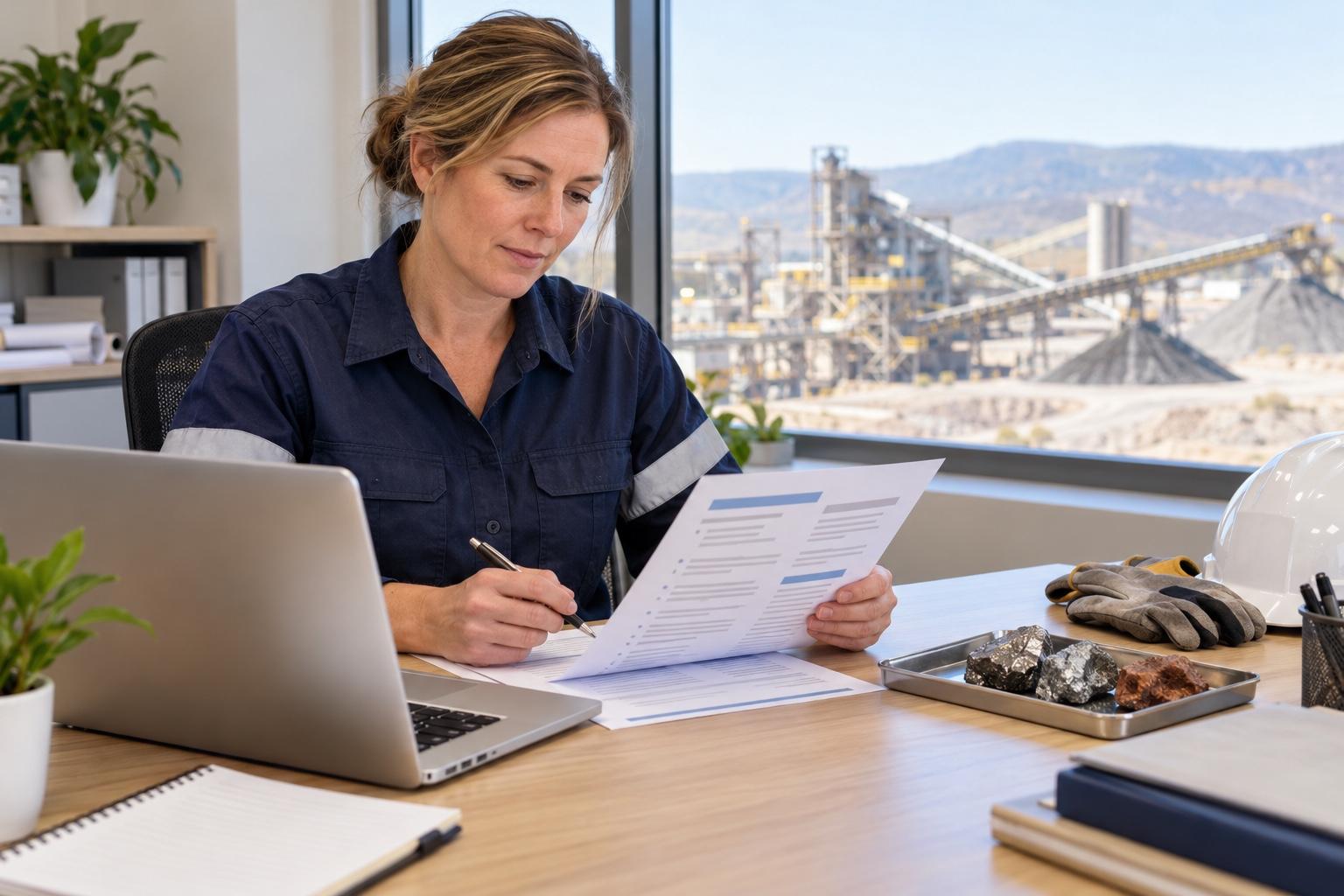 Metallurgical technician preparing a printed resume at a laptop in a bright mine planning office