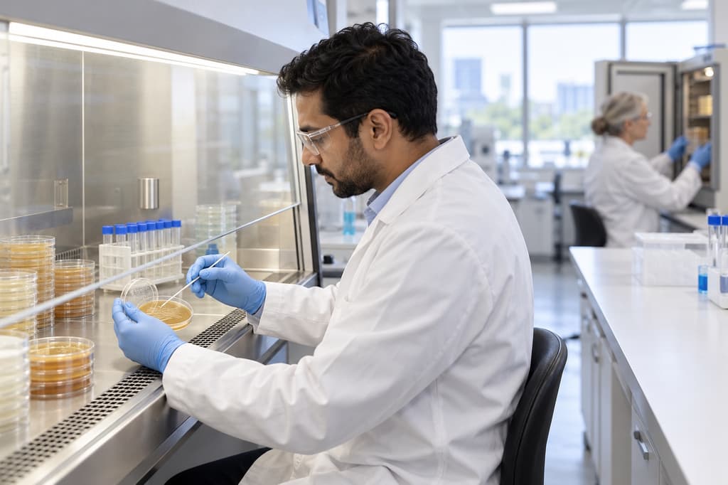 Microbiologist streaking cultures onto agar plates in a biological safety cabinet