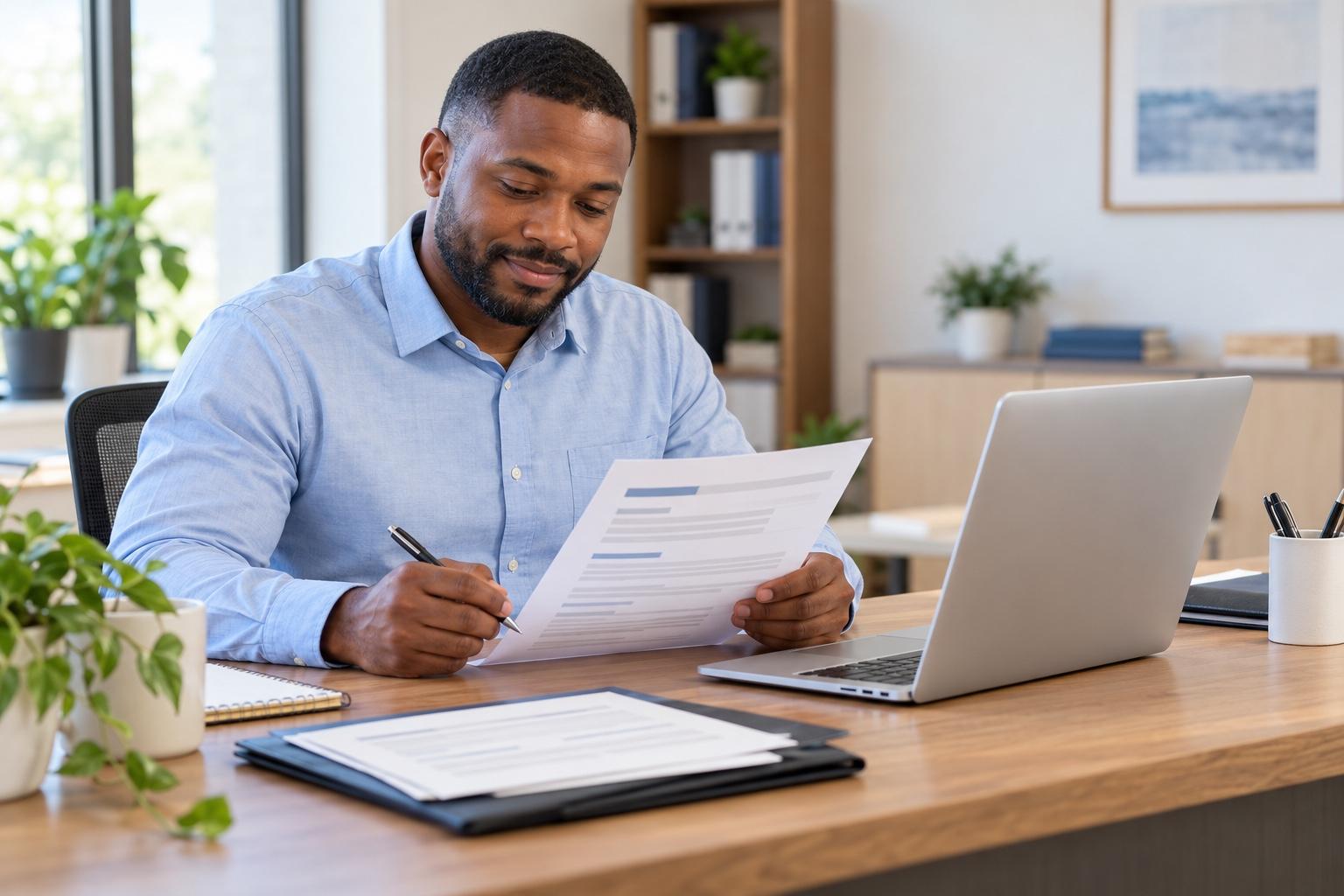Military veteran preparing a printed resume at a laptop in a welcoming bright civilian career-transition office