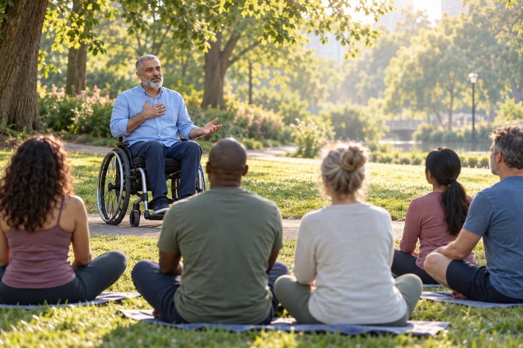Mindfulness instructor leading an early-morning group session in a city park