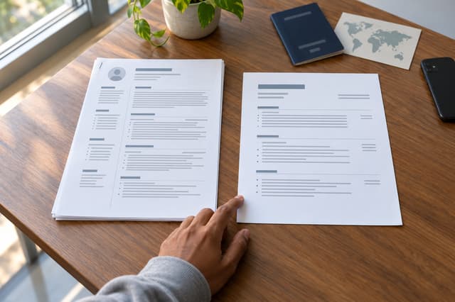 Multi-page CV with a photo next to a one-page resume on a wooden desk