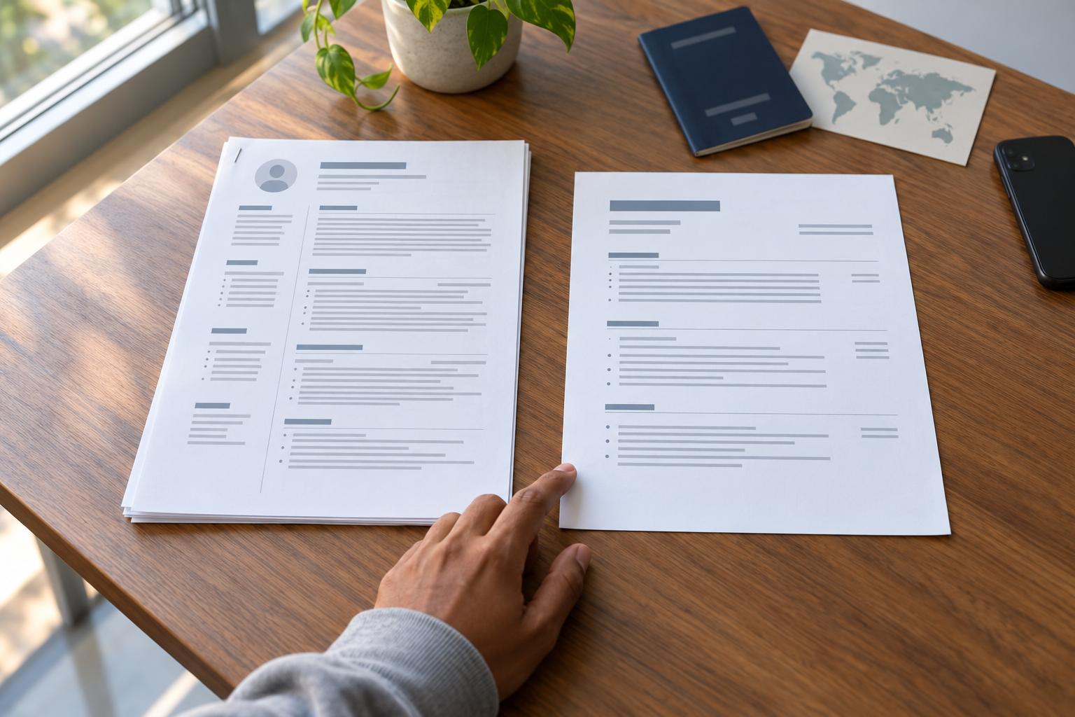 Multi-page CV with a photo next to a one-page resume on a wooden desk