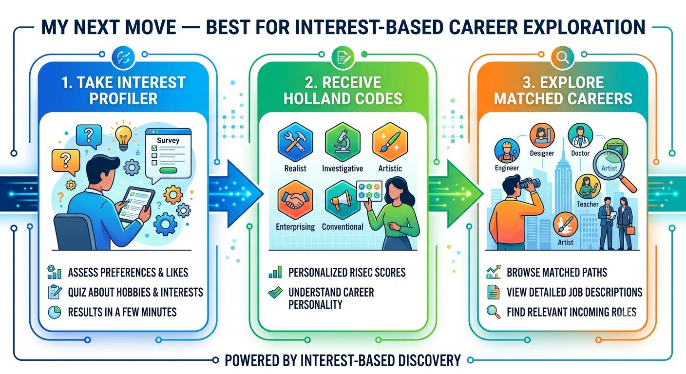 Infographic of My Next Move's three-step interest-based career exploration process