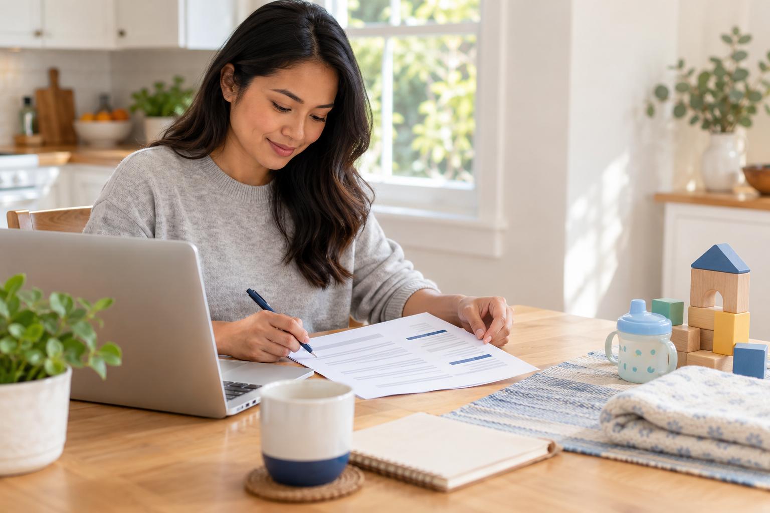 Nanny preparing a printed resume at a laptop at a kitchen table
