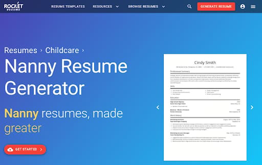 Rocket Resume nanny resume generator page with a sample resume preview