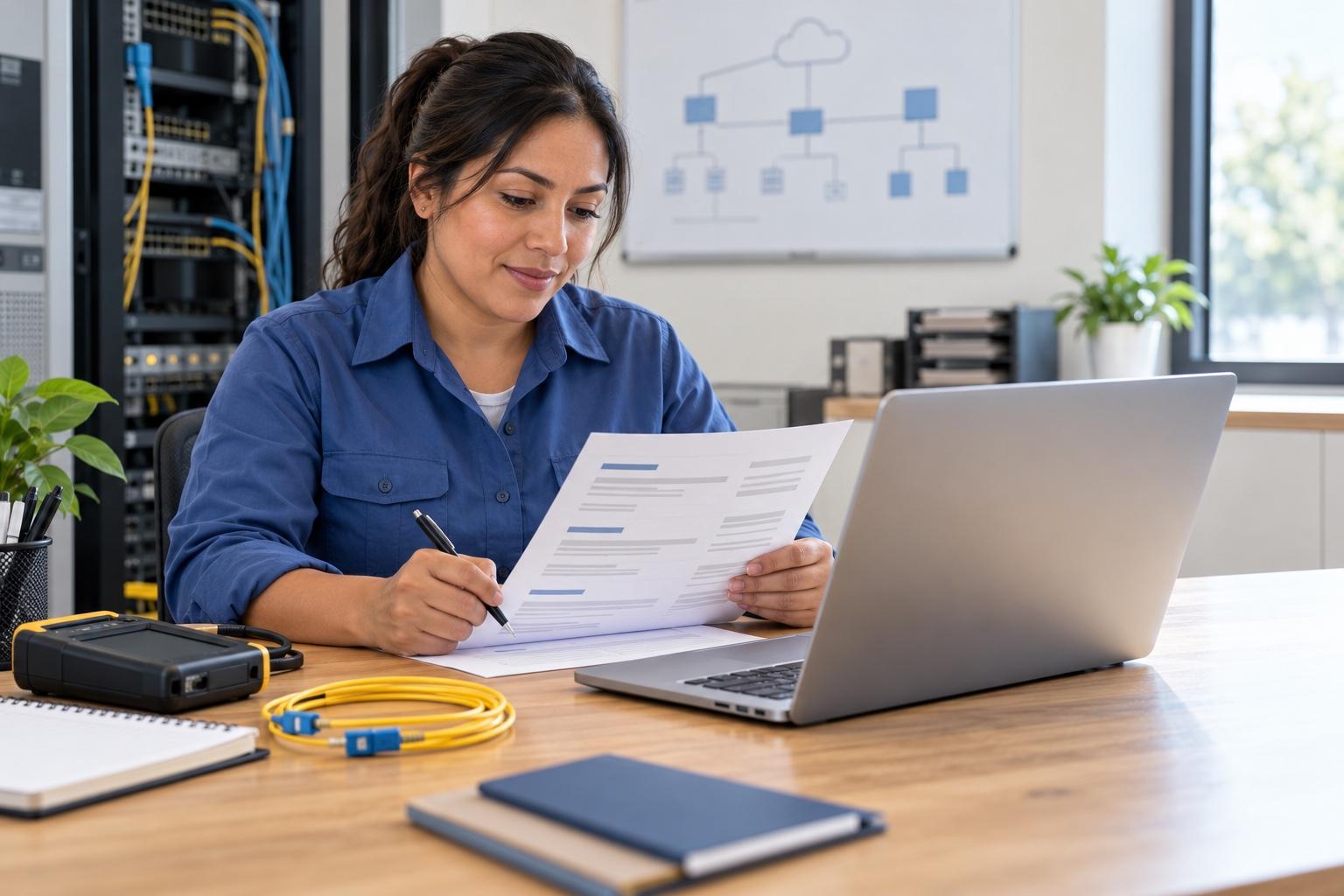 Network field technician preparing a printed resume at a laptop in a bright network planning office