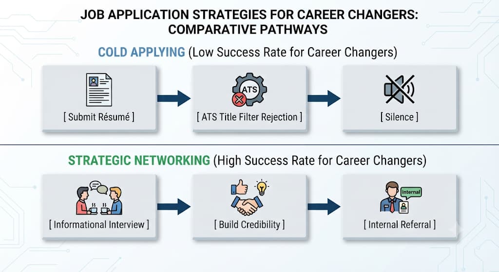 Career changer job search: cold applying ends in ATS rejection; networking leads to an internal referral