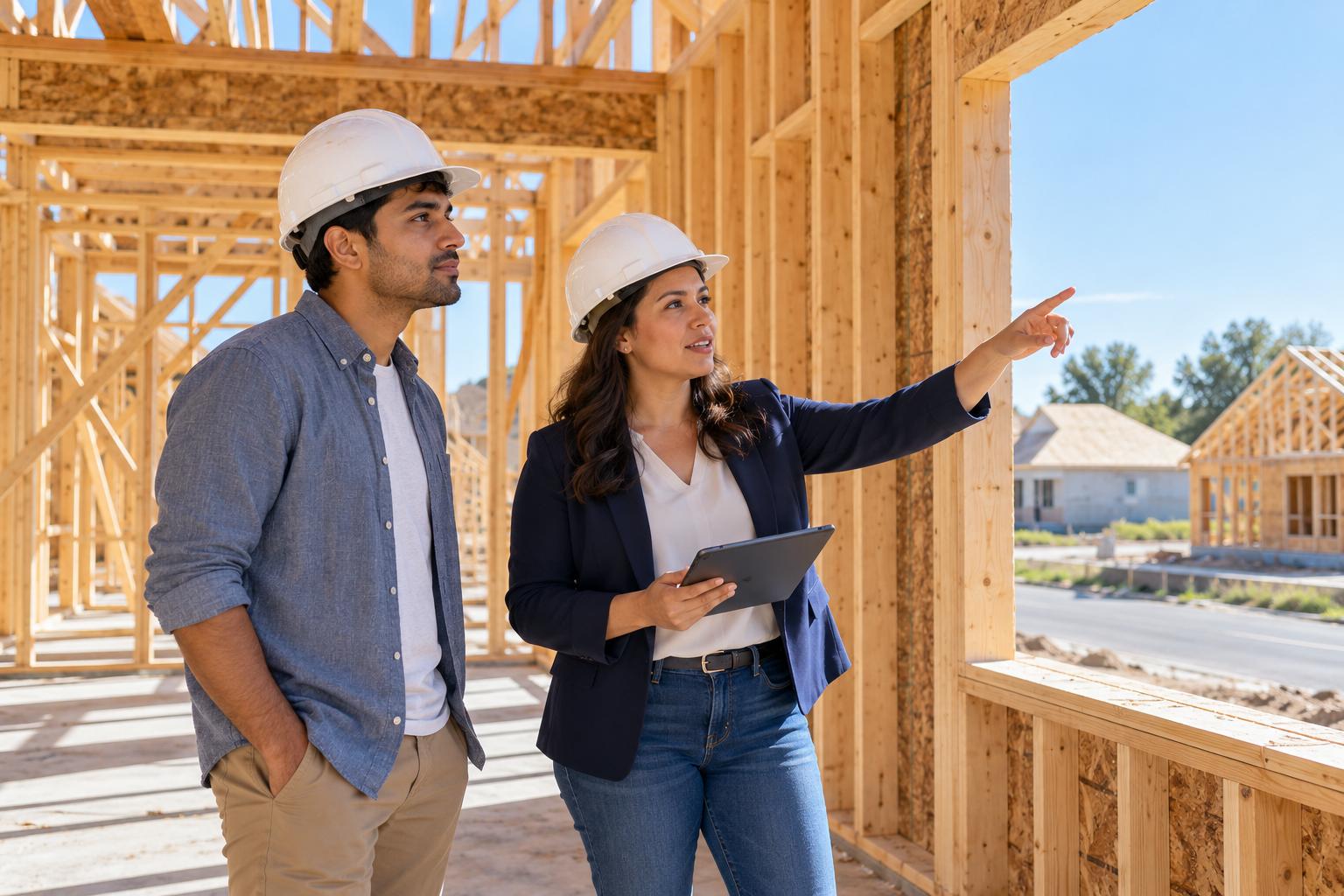 New-home sales manager showing a buyer a house at the framing stage