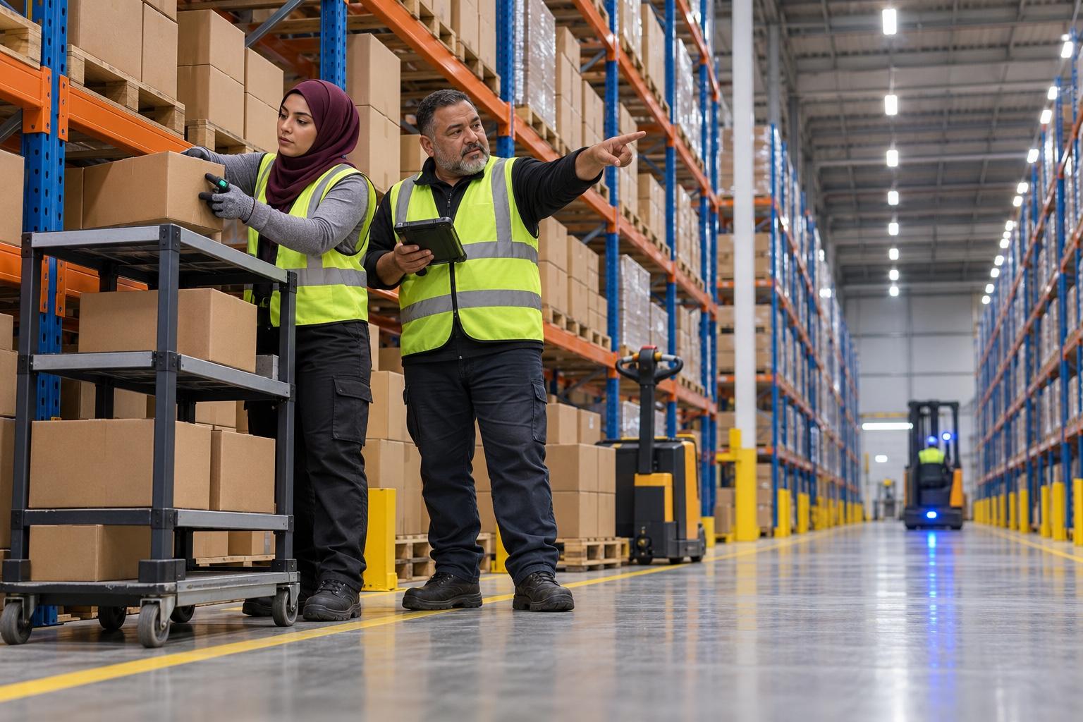 Night shift workers moving orders in a brightly lit distribution center