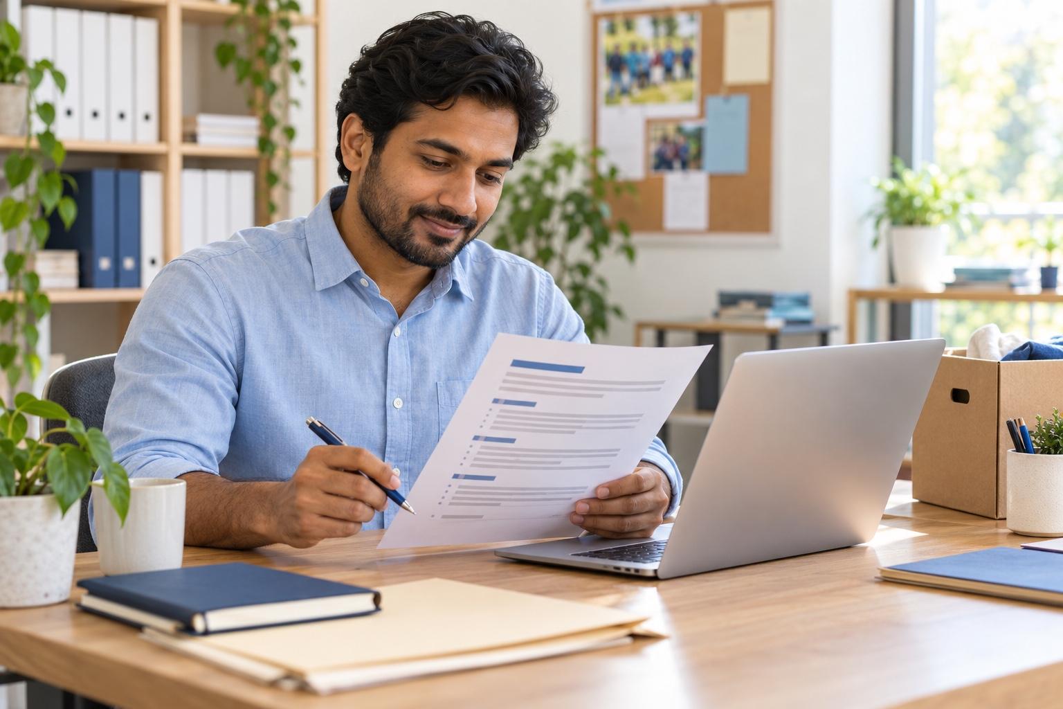 Nonprofit program coordinator preparing a printed resume at a laptop in a sunny community-organization office