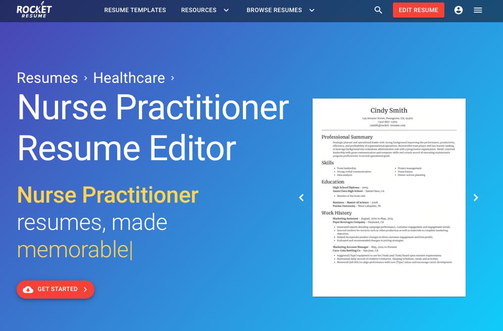 Rocket Resume nurse practitioner resume editor page with an example resume