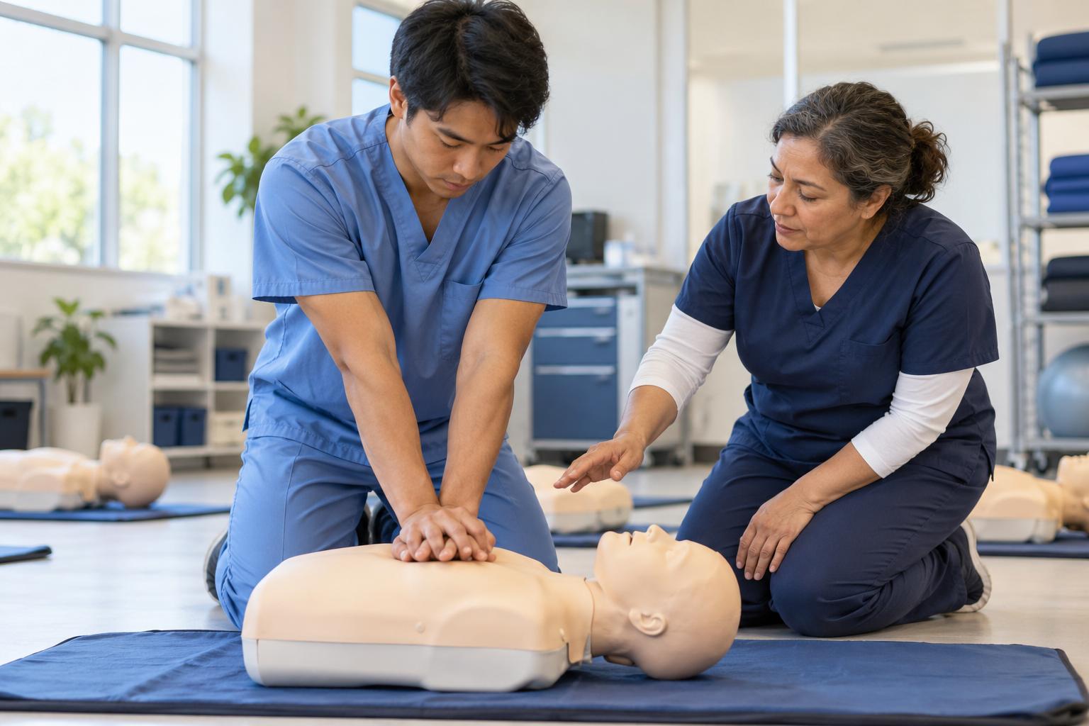Nursing assistant practicing CPR on a manikin during a life support class as an instructor watches