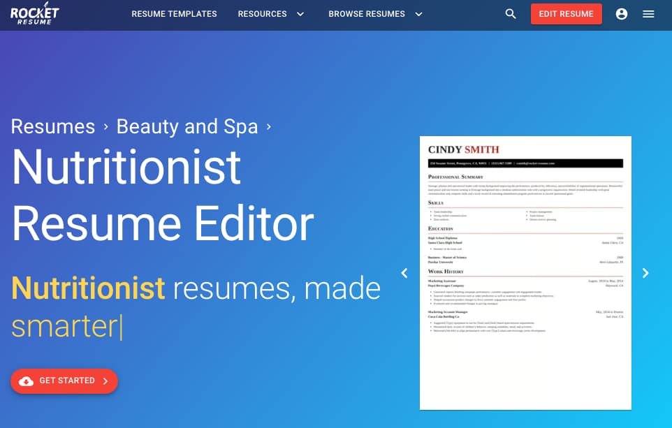 Rocket Resume nutritionist resume editor page with a sample resume preview