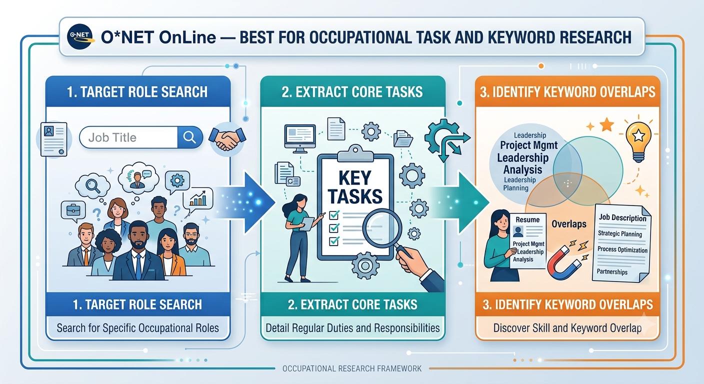 Infographic showing three O*NET Online steps for occupational task and keyword research