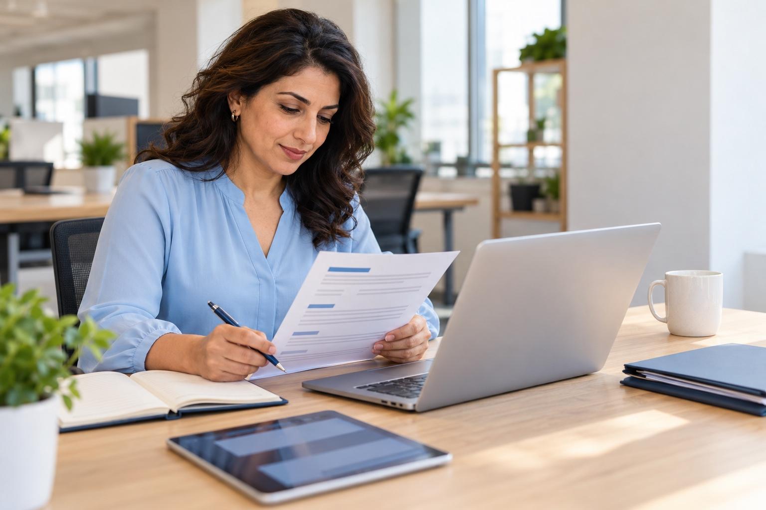 Operations coordinator preparing a printed resume at a laptop in a bright contemporary shared office
