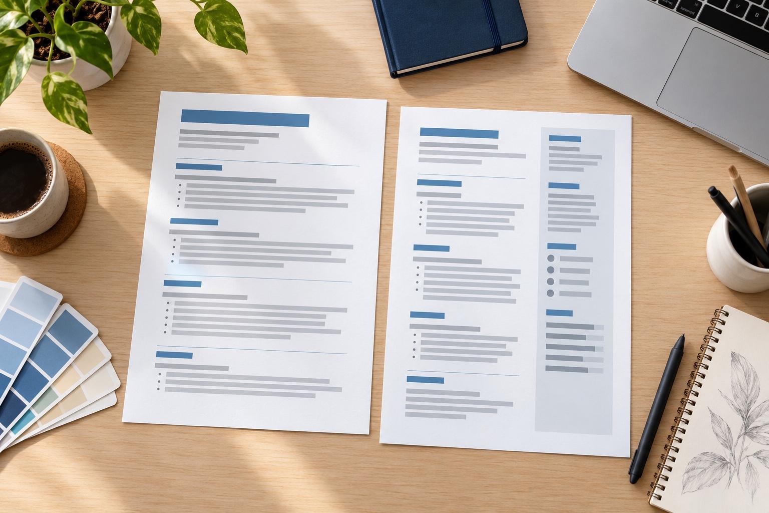 Overhead view of a creative resume-planning desk with a printed resume