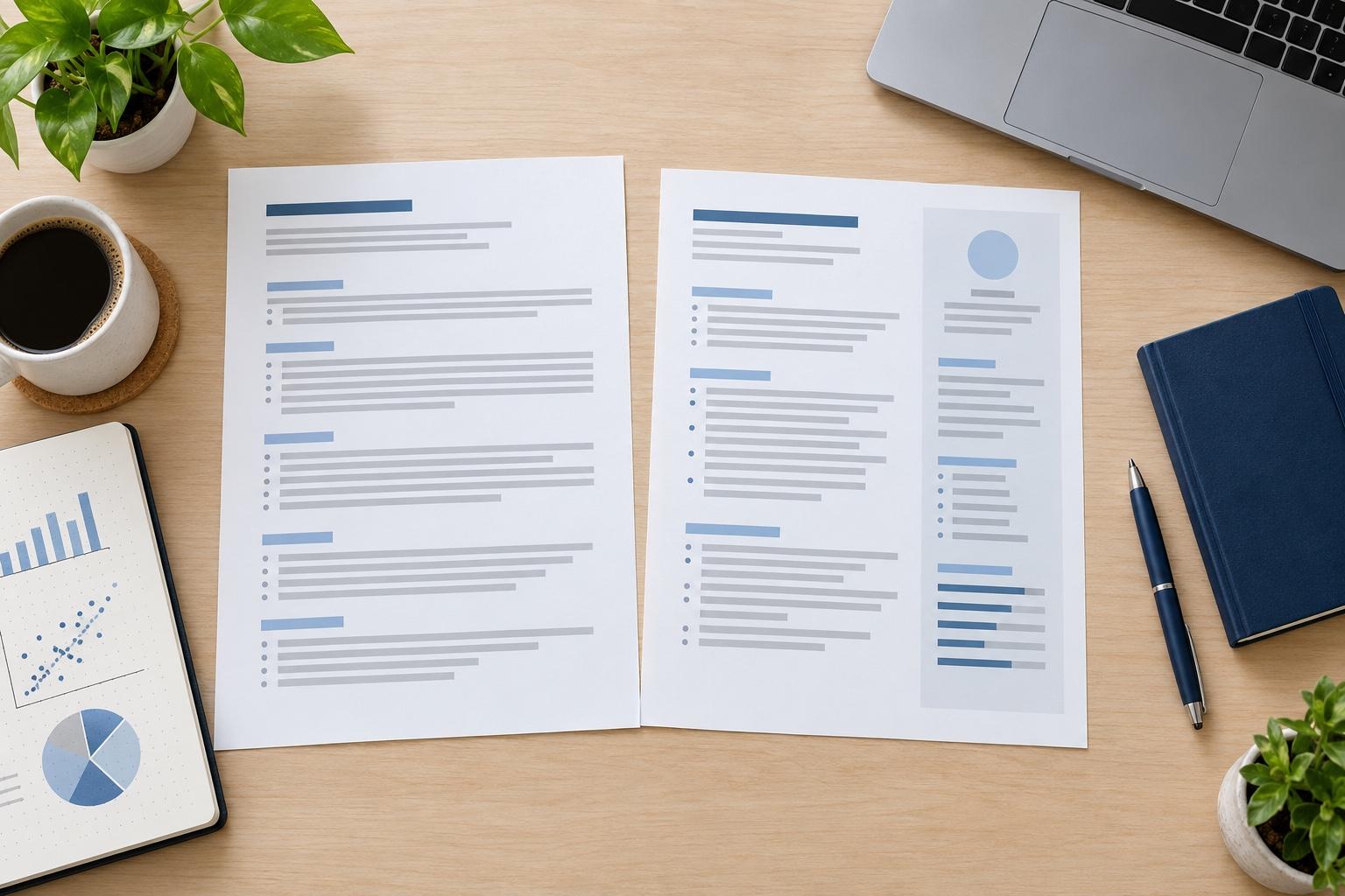 Overhead view of a data science CV-planning desk with a printed CV