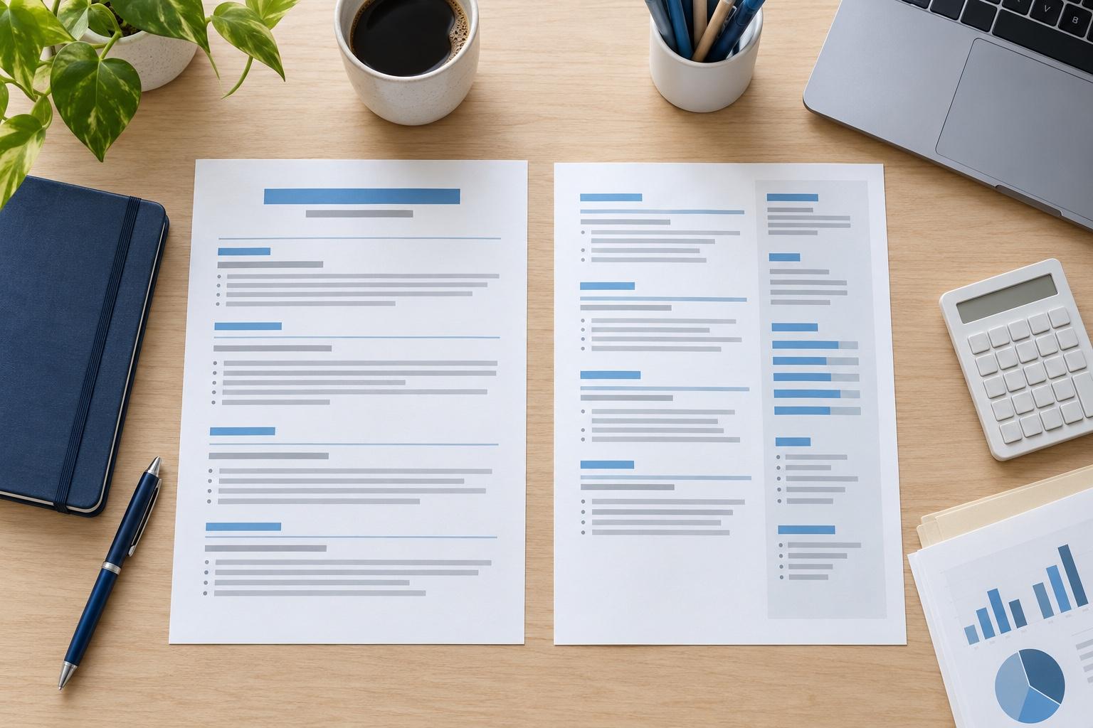 Overhead view of a finance CV-planning desk with a printed CV