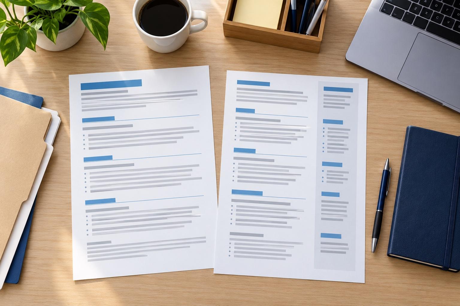 Overhead view of a government CV-planning desk with a printed CV