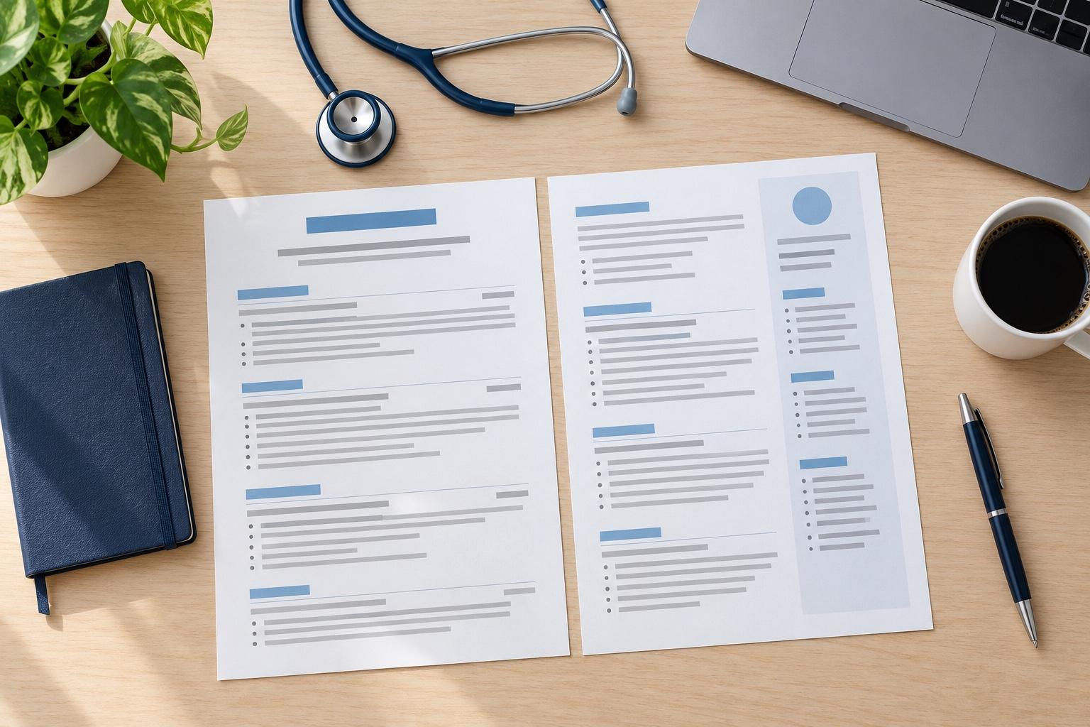 Overhead view of a healthcare CV-planning desk with a printed CV