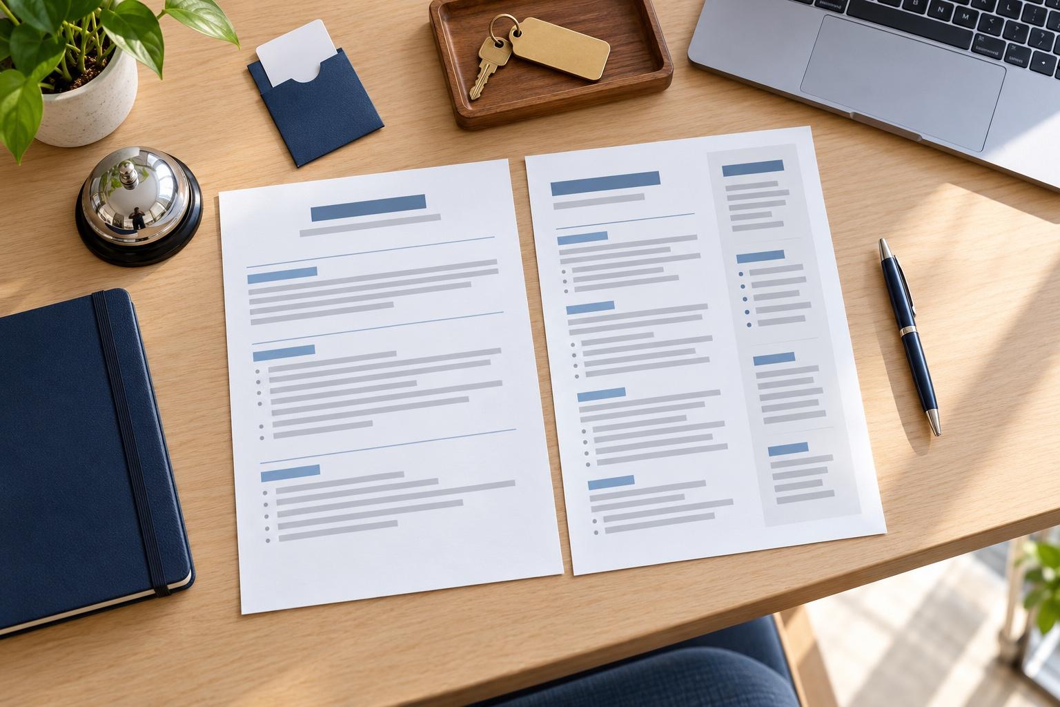 Overhead view of a hospitality CV-planning desk with a printed CV