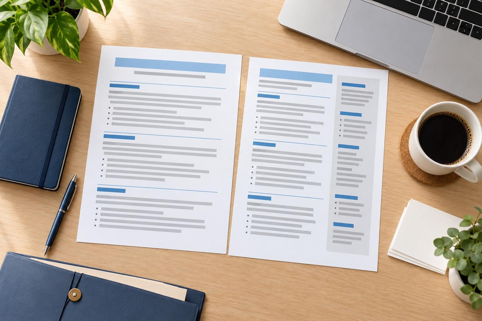 Overhead view of a human resources CV-planning desk with a printed CV