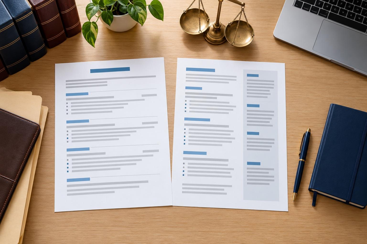 Overhead view of a legal CV-planning desk with a printed CV