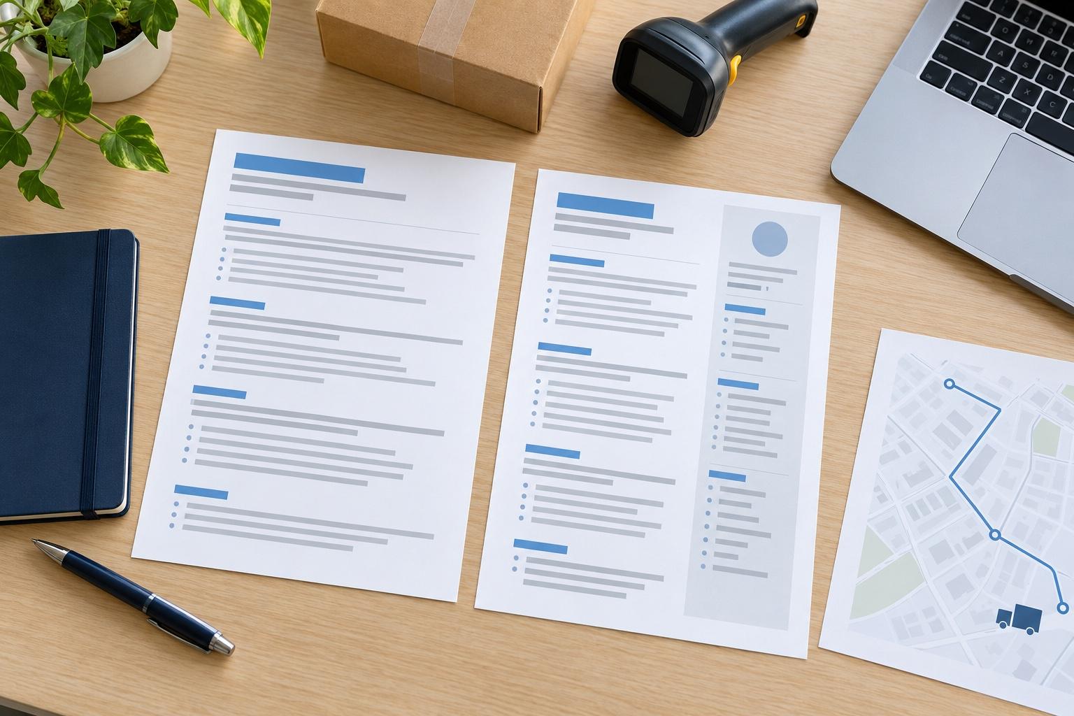 Overhead view of a logistics resume-planning desk with a printed resume