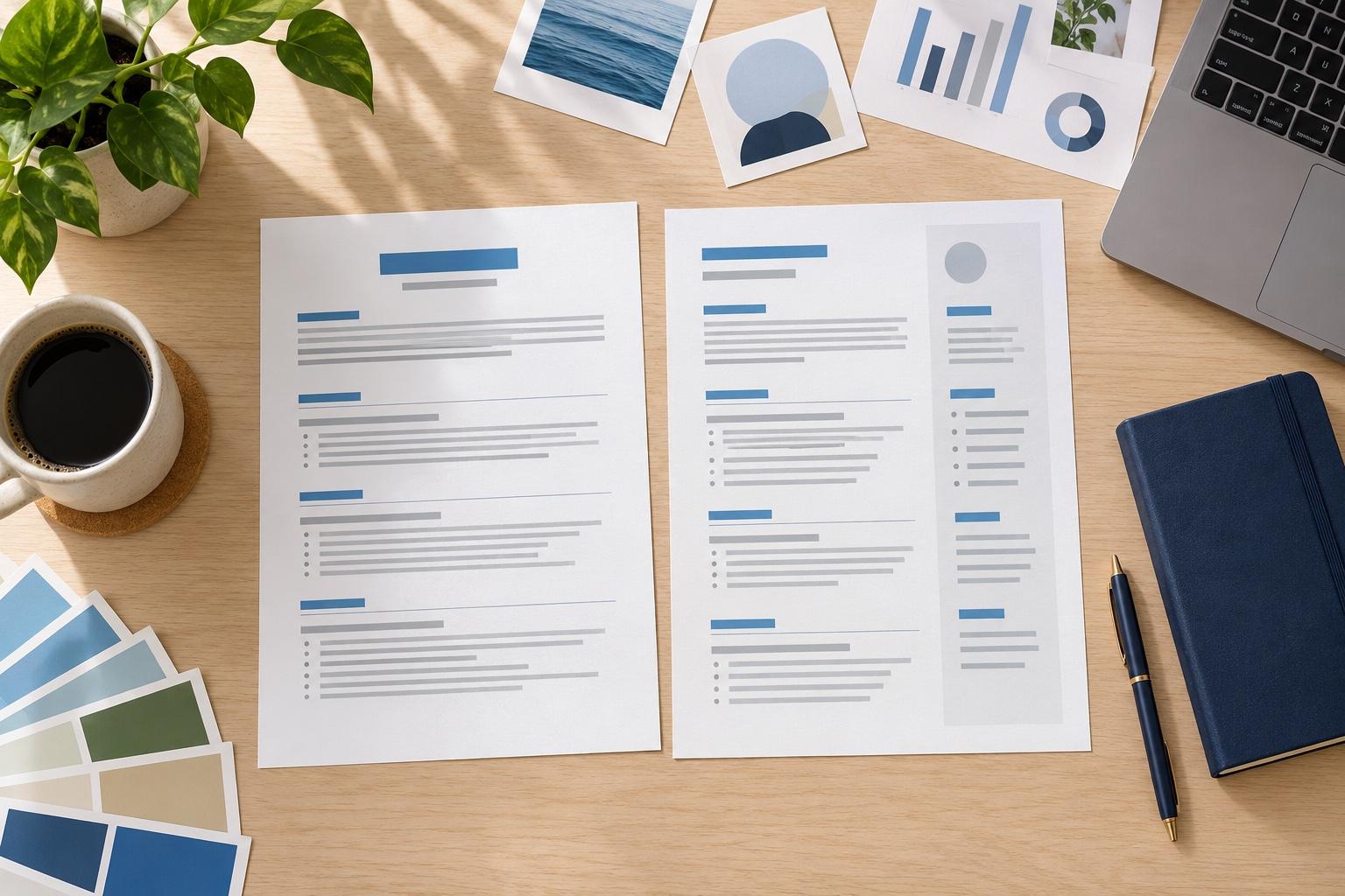 Overhead view of a marketing resume-planning desk with a printed resume