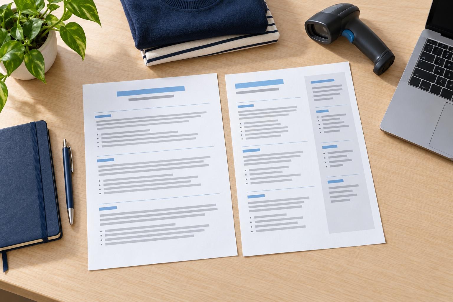 Overhead view of a retail resume-planning desk with a printed resume