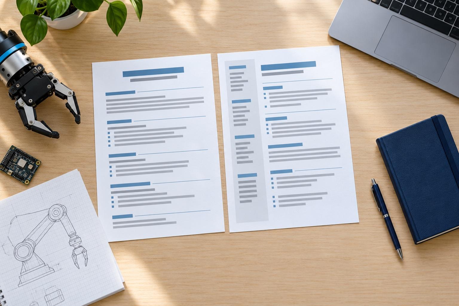 Overhead view of a robotics resume-planning desk with a printed resume