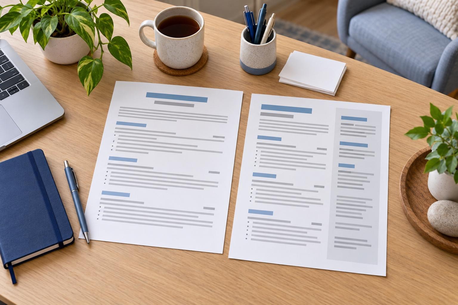 Overhead view of a social services and counseling CV-planning desk with a printed CV