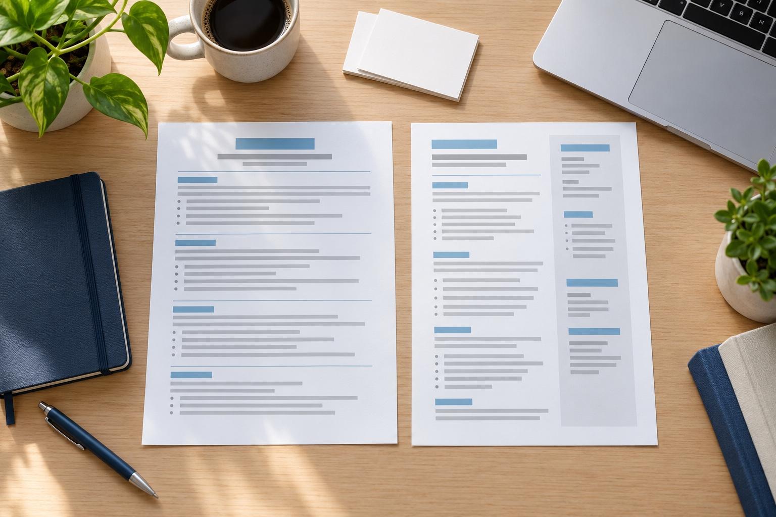 Overhead view of a social work resume-planning desk with a printed resume