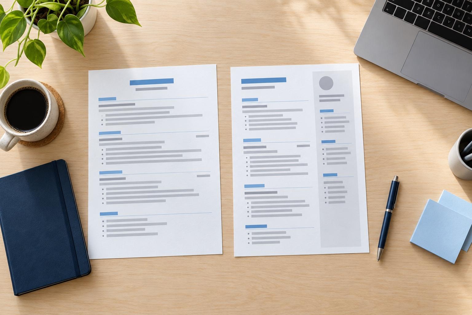 Overhead view of a technology resume-planning desk with a printed resume