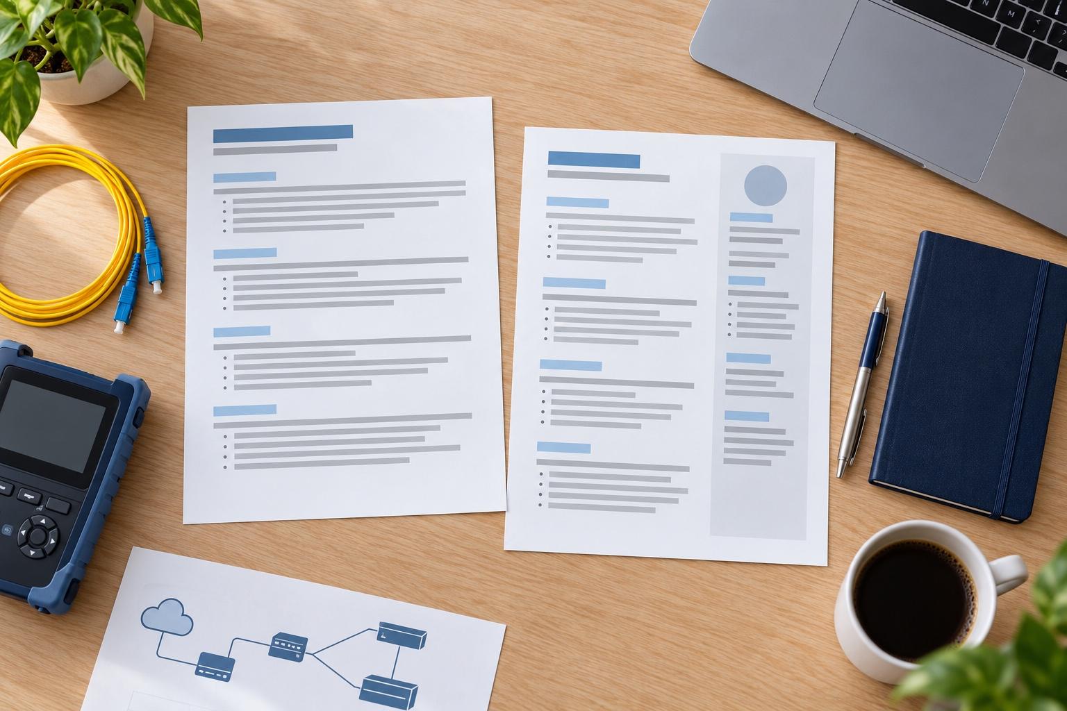 Overhead view of a telecommunications resume-planning desk with a printed resume
