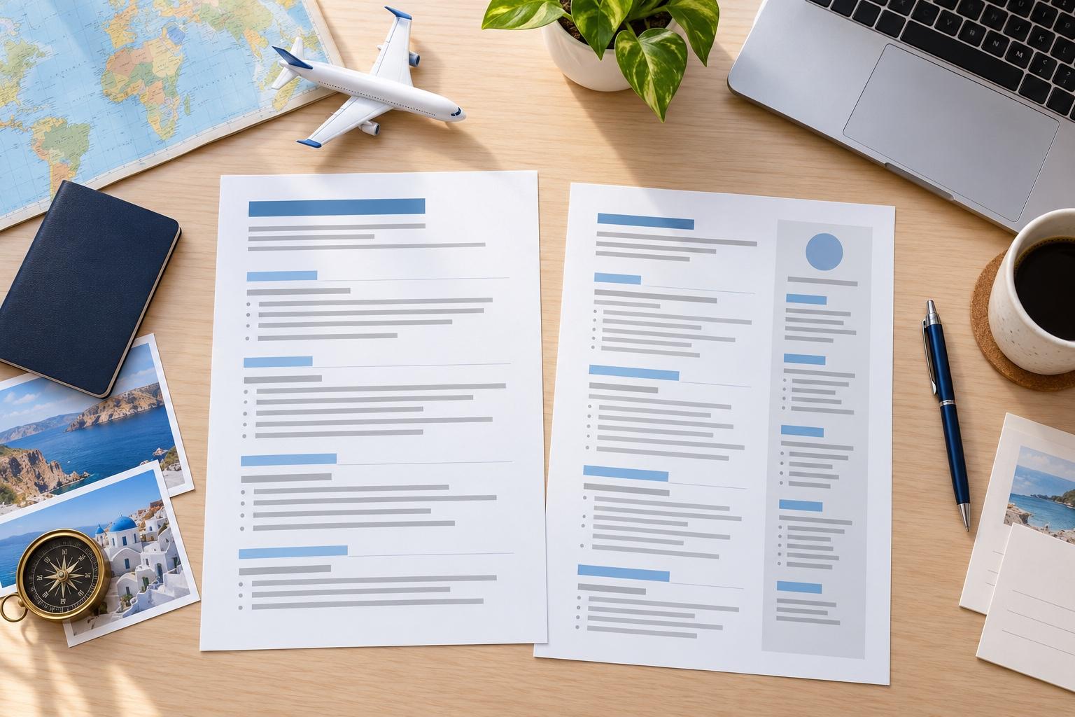Overhead view of a tourism and travel CV-planning desk with a printed CV