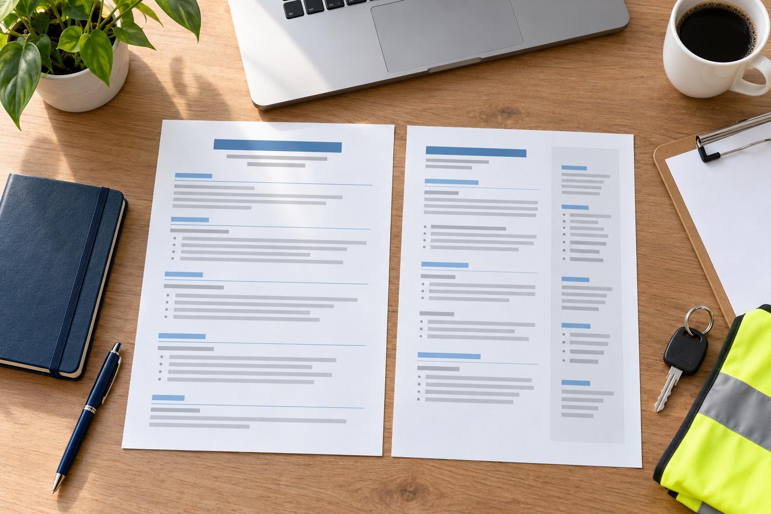 Overhead view of a transportation CV-planning desk with a printed CV