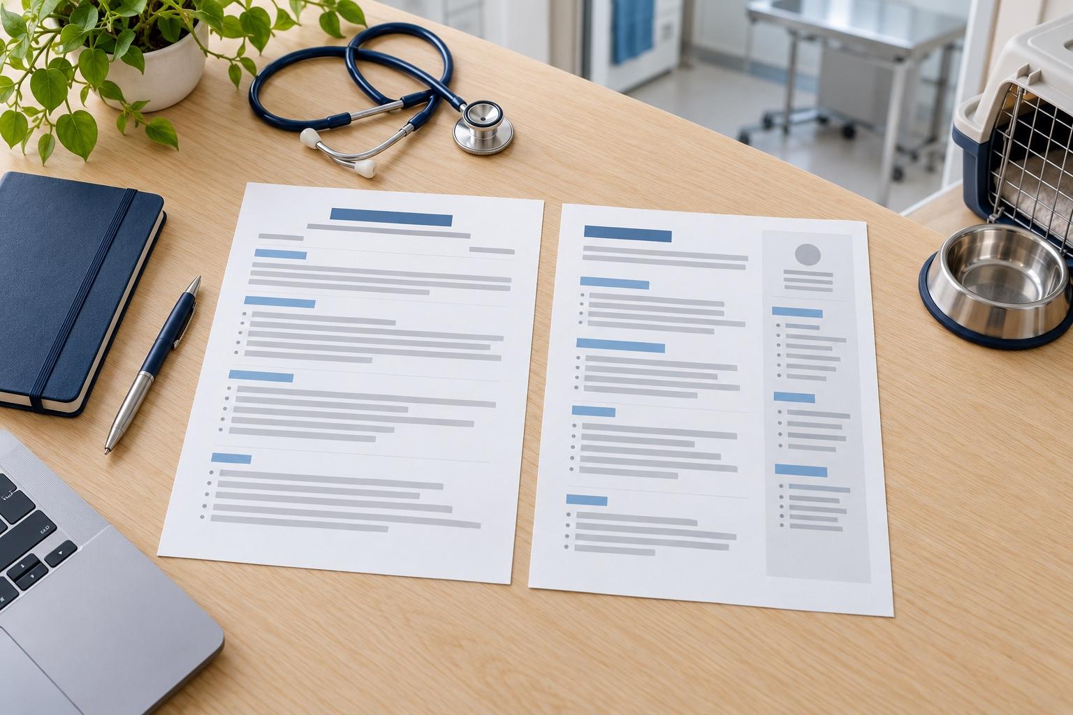 Overhead view of a veterinary resume-planning desk with a printed resume