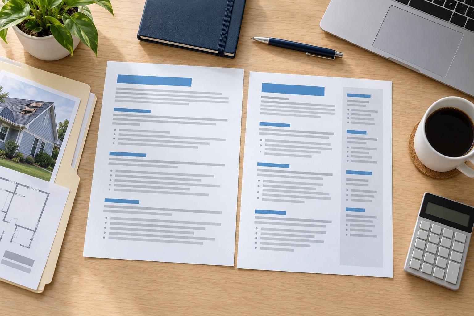 Overhead view of an insurance resume-planning desk with a printed resume